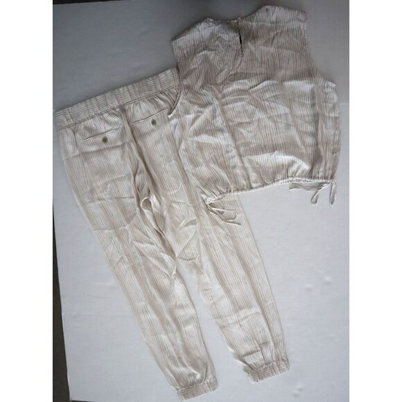 ATM Women's Sz S Beige Striped Pleated Cropped Pants & Sz M Sleeveless Top - Picture 2 of 16